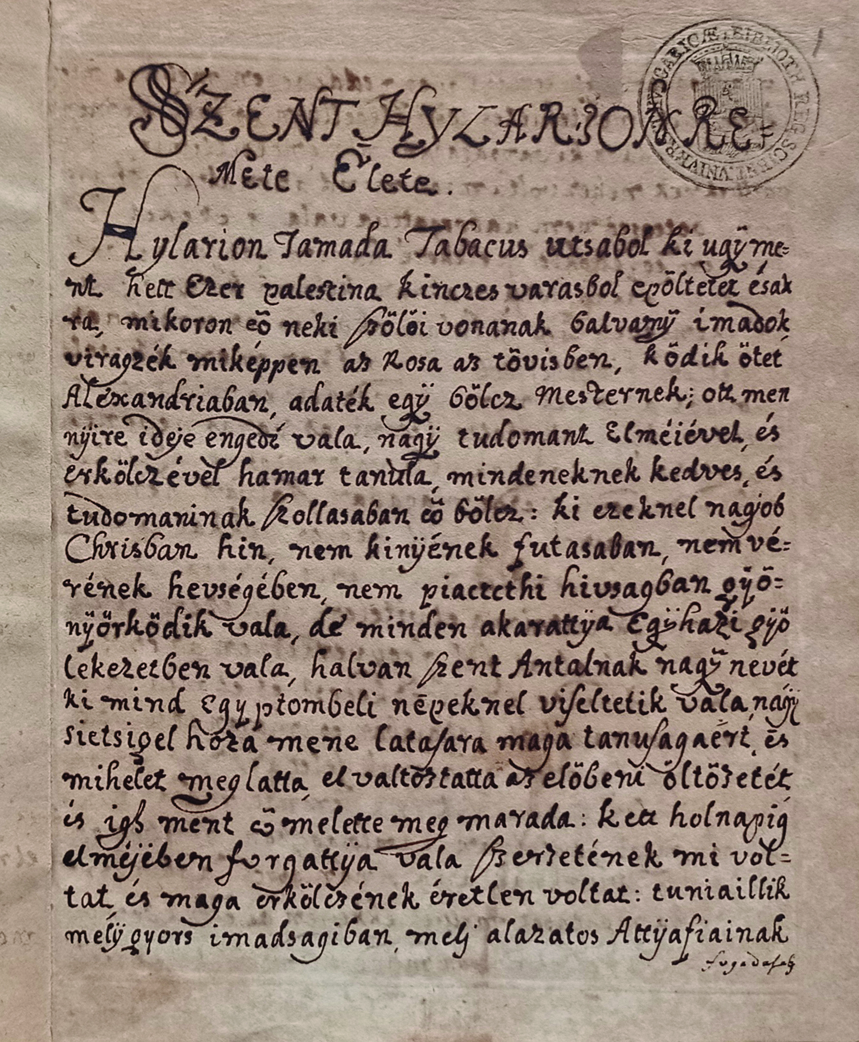 Hungarian translation of The life of Saint Hilarion (1666)