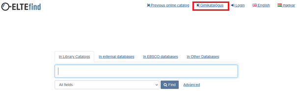 The menu of "Gimikatalogus" in the common catalogue of ELTE libraries