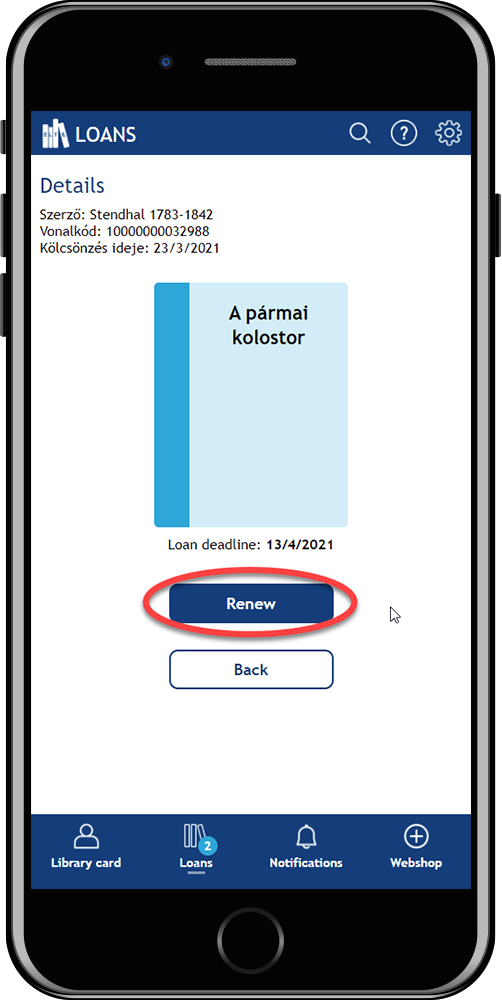 The picture illustrates a screenshot of the WebApp of the ELTE Library with a book and the renewing button. 