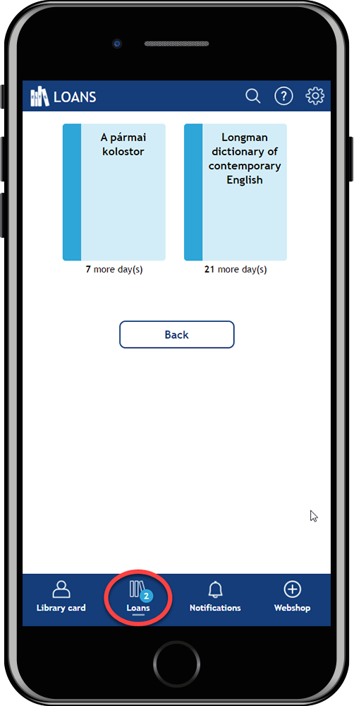 The picture illustrates a screenshot of the WebApp of the ELTE Library with the books in the Loans menu. 